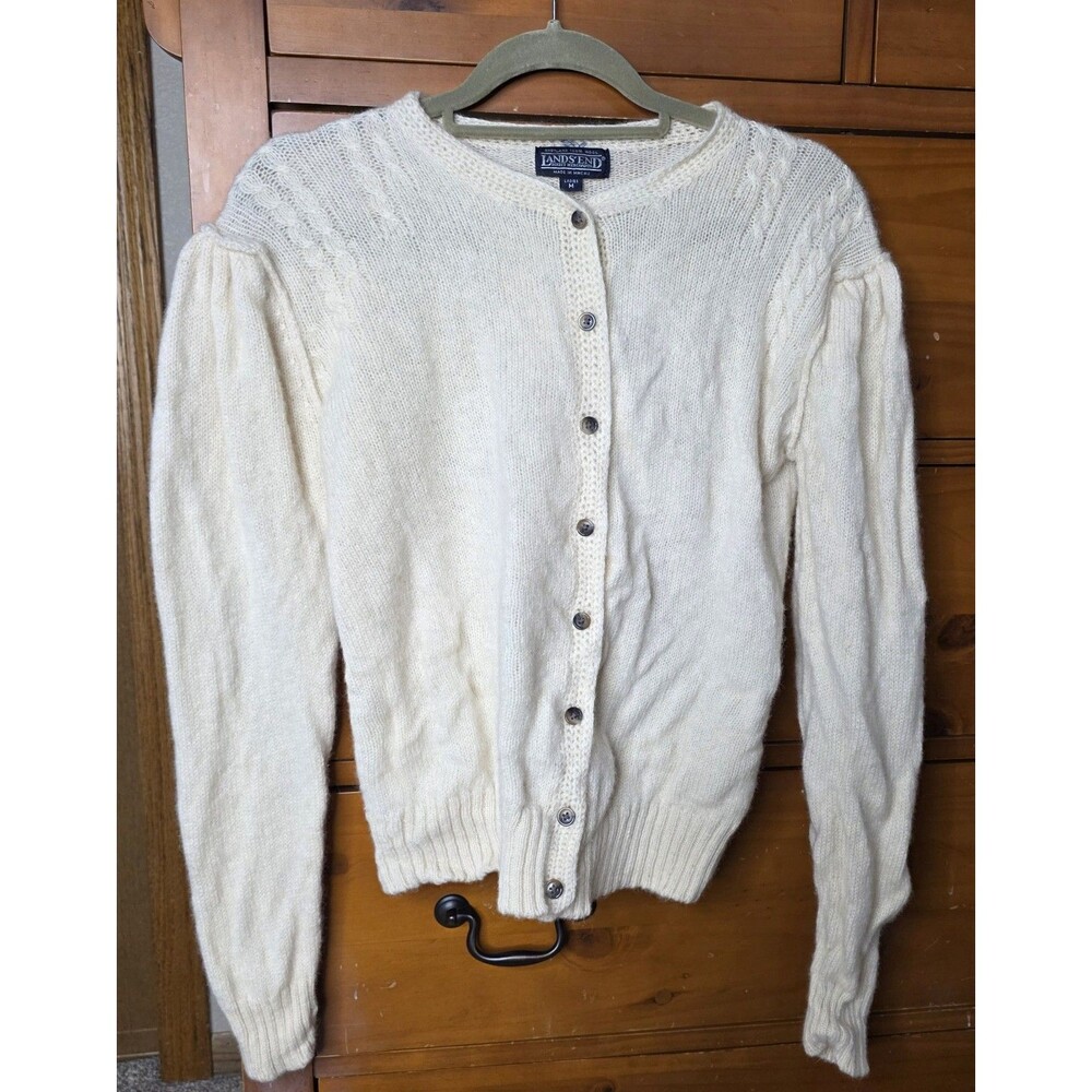 Vintage Lands' End Wool Sweater Size Medium Cable Knit Cardigan Cream Button